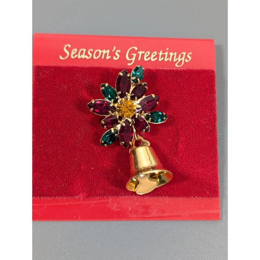 Retro Christmas Rhinestone Flower Bell Brooch Charm Pin Red Green Marquise